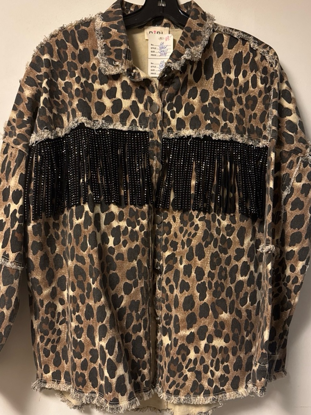 BiBi Leopard Print Jean Jacket with Black Beaded Fringe
